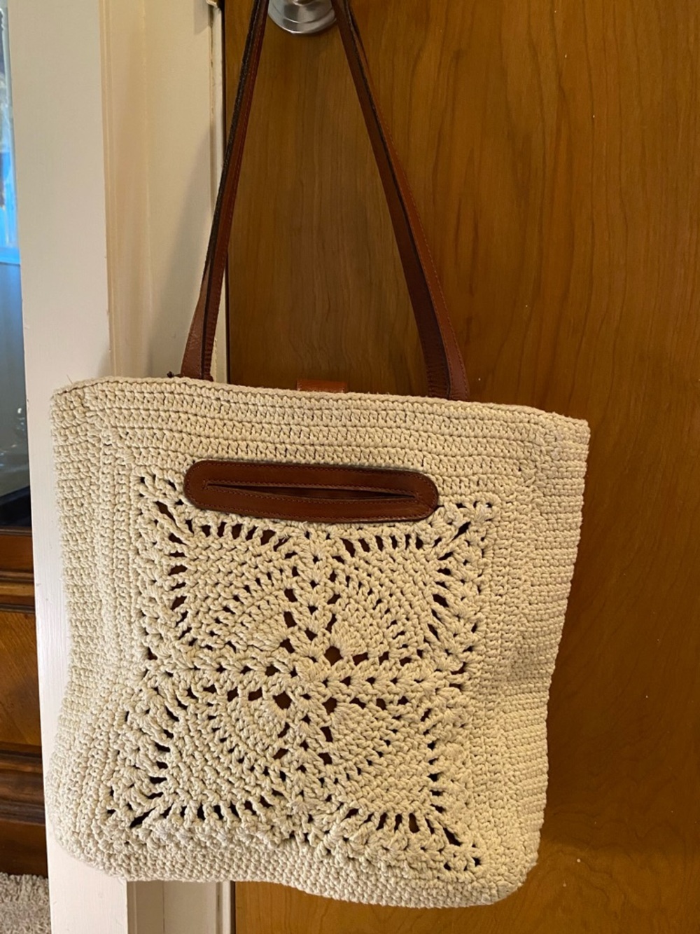 Neutral Crochet Tote Bag with Brown Tassel Straps - Patricia Nash. - Picture 3 of 12